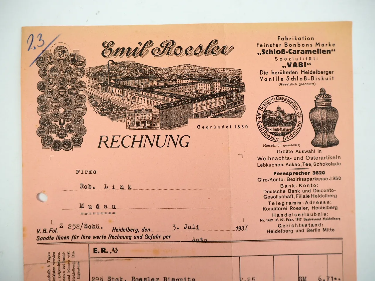 Emil Roesler Heidelberg Süßwarenfabrik Biskuit Bonbon Caramellen Rechnung 1937