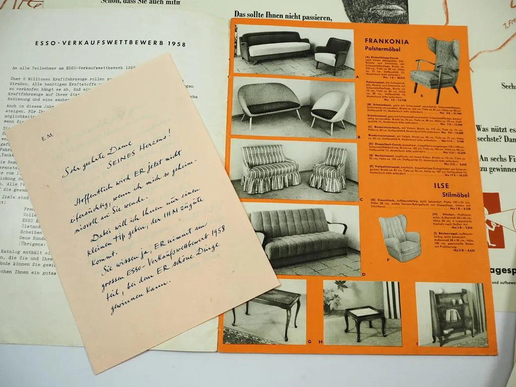 Esso Benzin Öl Tankstelle Verkaufswettbewerb 1958 Fragebogen Prämienkatalog