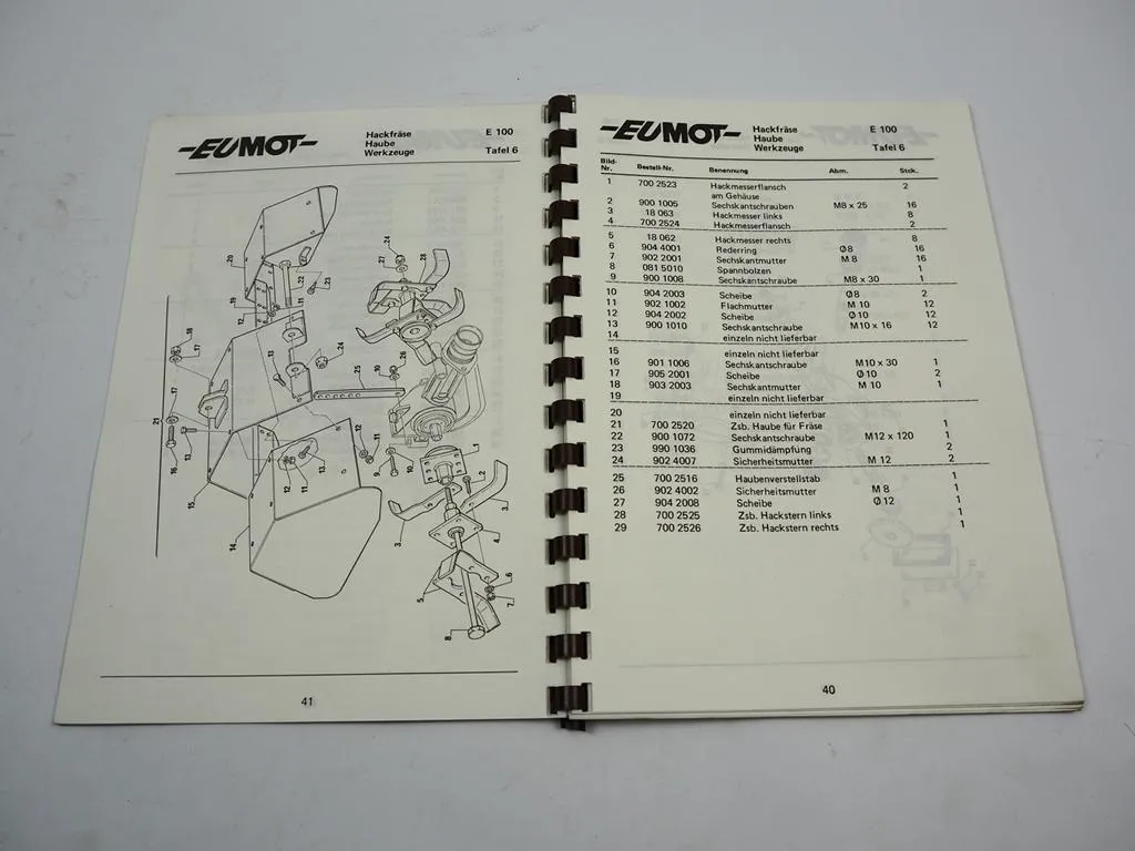 Eumot Einachsschlepper E 100 Betriebsanleitung Ersatzteilliste ca. 1980er Jahre