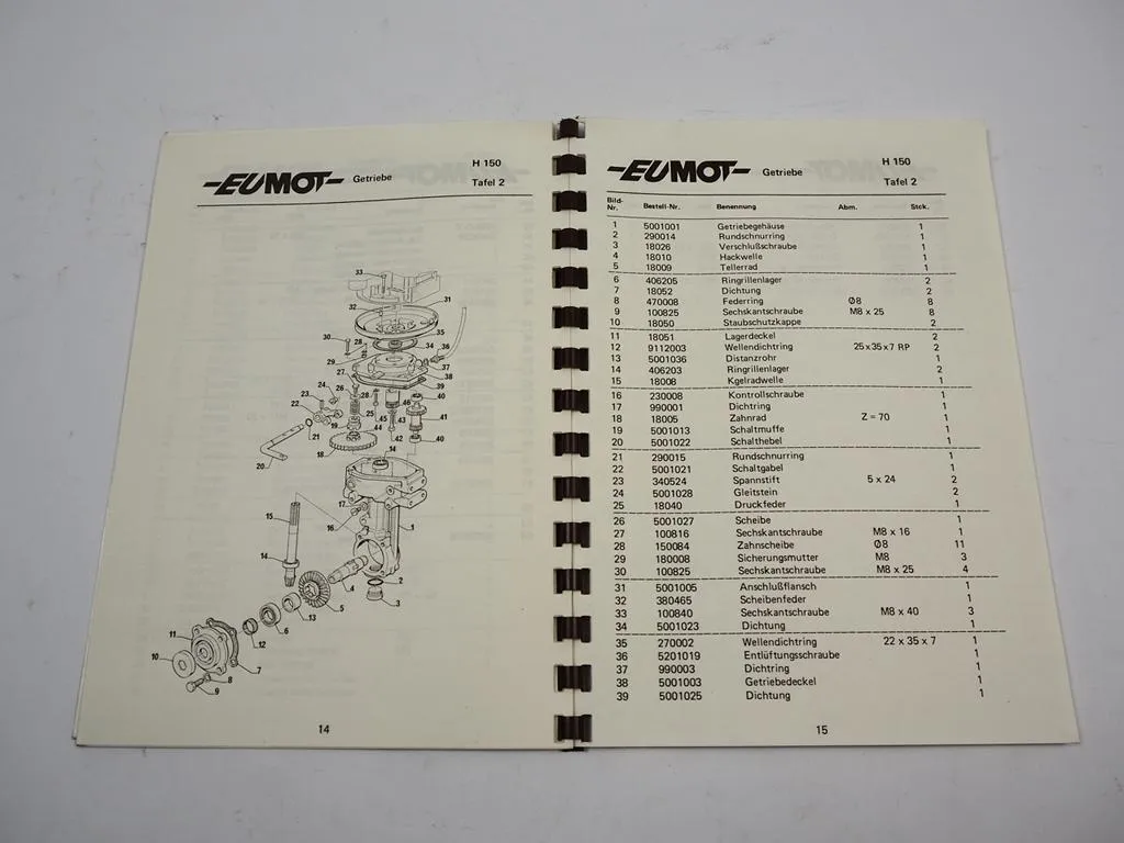 Eumot Motorhacke H 150 Betriebsanleitung Ersatzteilliste ca. 80er Jahre
