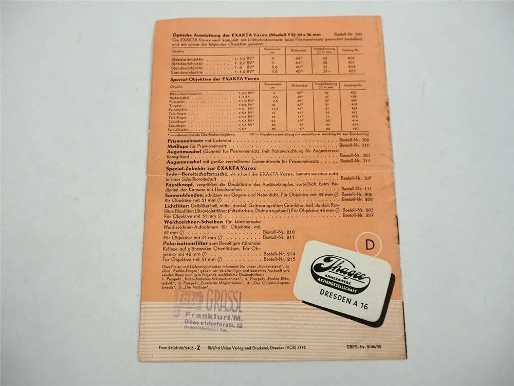 Exakta Varex Spiegelreflex Kamera Fotoapparat Prospekt 1952 Ihagee Dresden