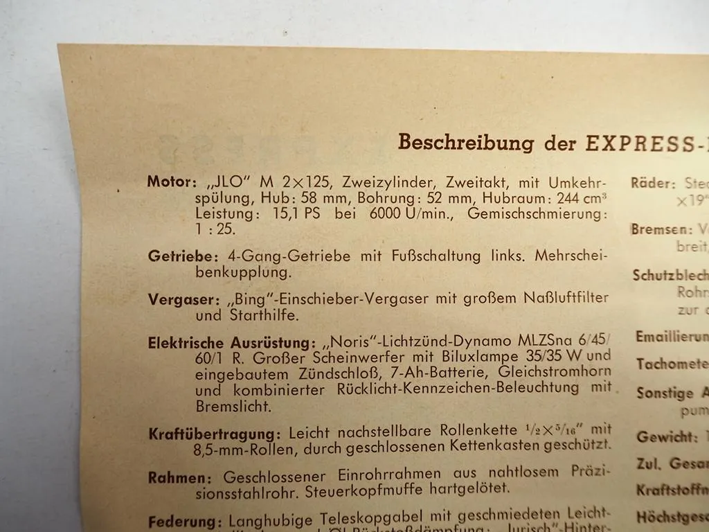 Express Radex 252 Motorrad mit Jlo Motor Prospekt 1950er Jahre