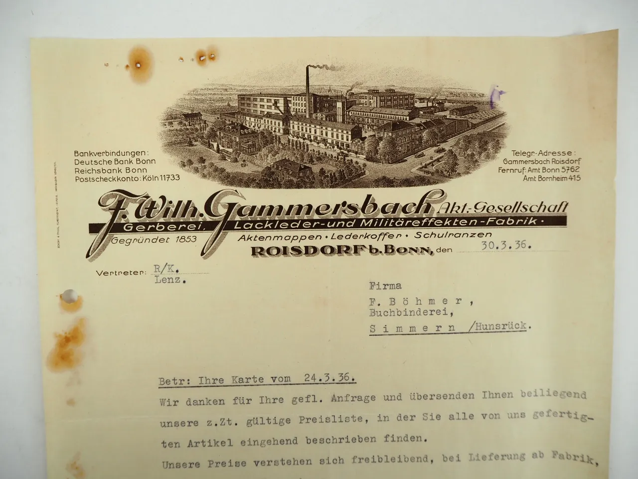 F. Wilh. Gammersbach AG Roisdorf Bonn Lederfabrik Koffer 2x Geschäftsbrief 1936