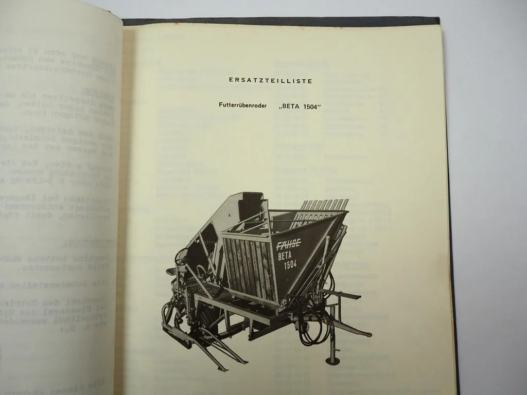 Fähse Beta 1504 Futterrübenroder Betriebsanleitung Ersatzteilliste 1970er Jahre