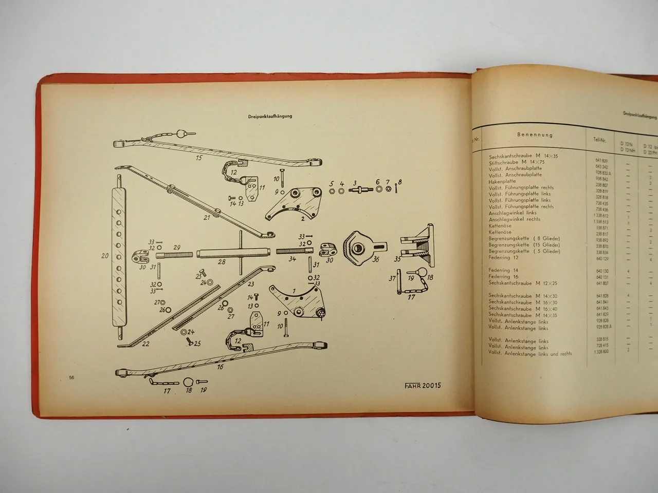 Fahr D12 bis D30L Kraftheberanlage mit Dreipunktaufhängung Ersatzteilliste 1953