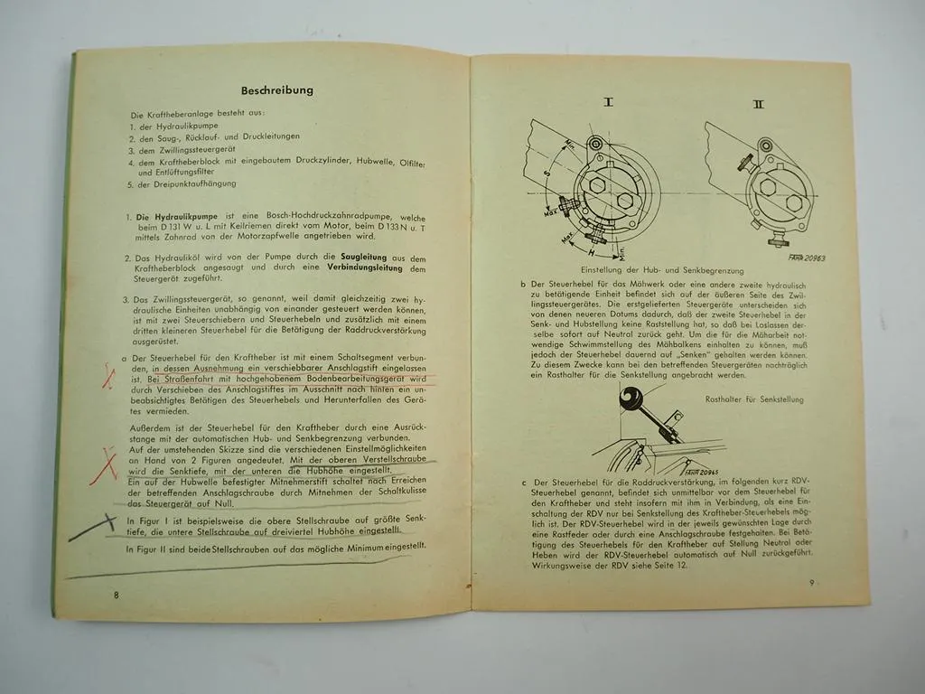Fahr D131 W L D133 N T Kraftheber für Schlepper Betriebsanleitung 1960