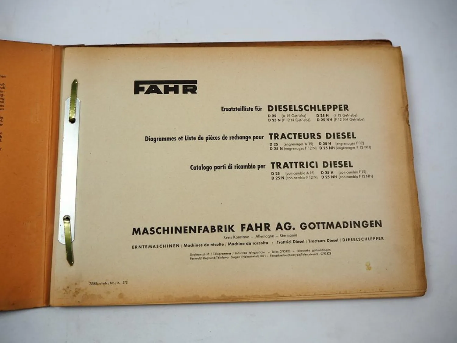 Fahr D25 H N NH Dieselschlepper Ersatzteilliste Liste Pieces de Rechange 1957