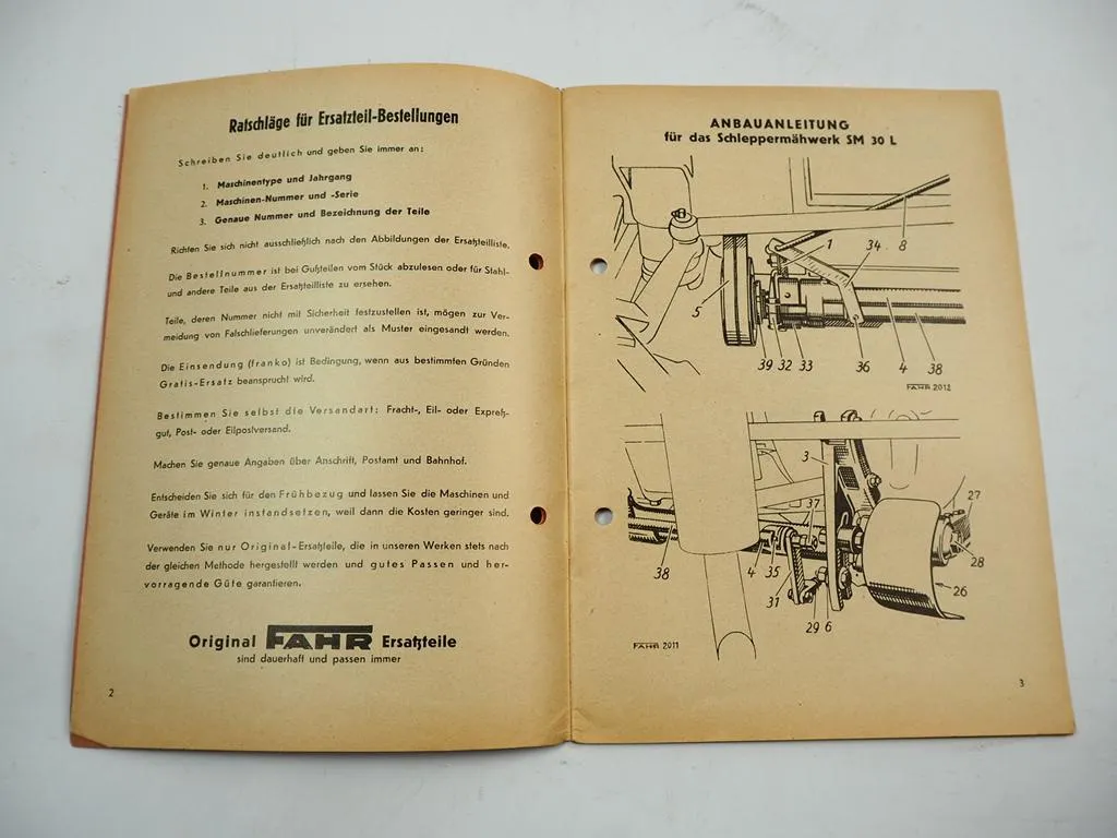 Fahr D30L Schlepper Mähwerk SM30L Betriebsanleitung Ersatzteilliste 1954