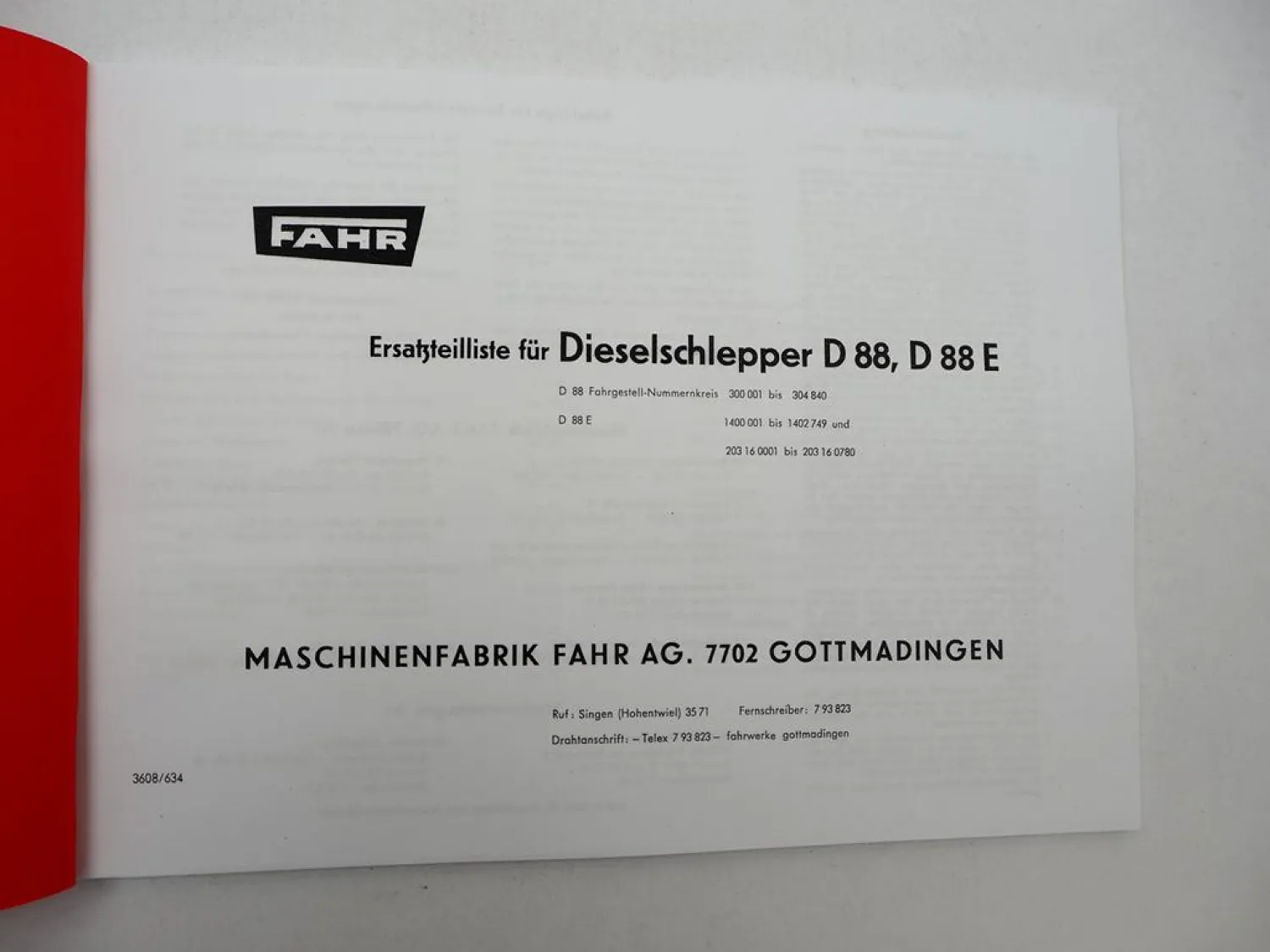 Fahr D88 D88E Schlepper Ersatzteilliste 1963