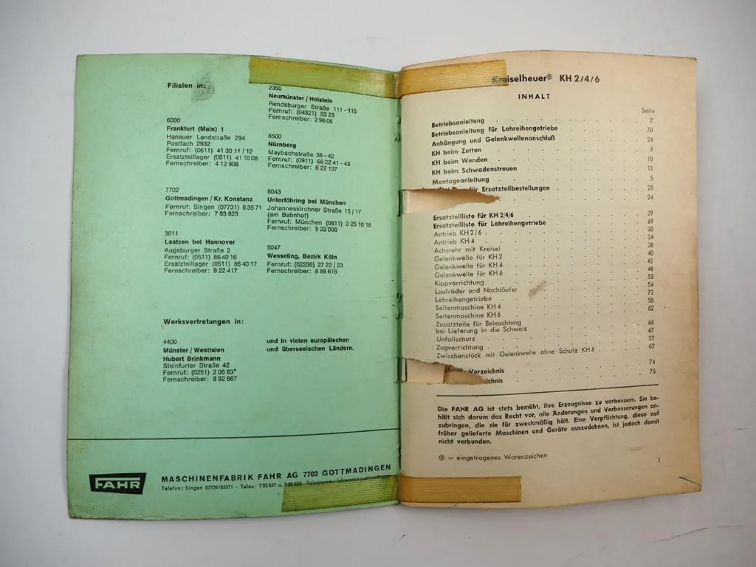 Fahr KH 2 4 6 Kreiselheuer ab Serie 62A Betriebsanleitung Ersatzteilliste 1968