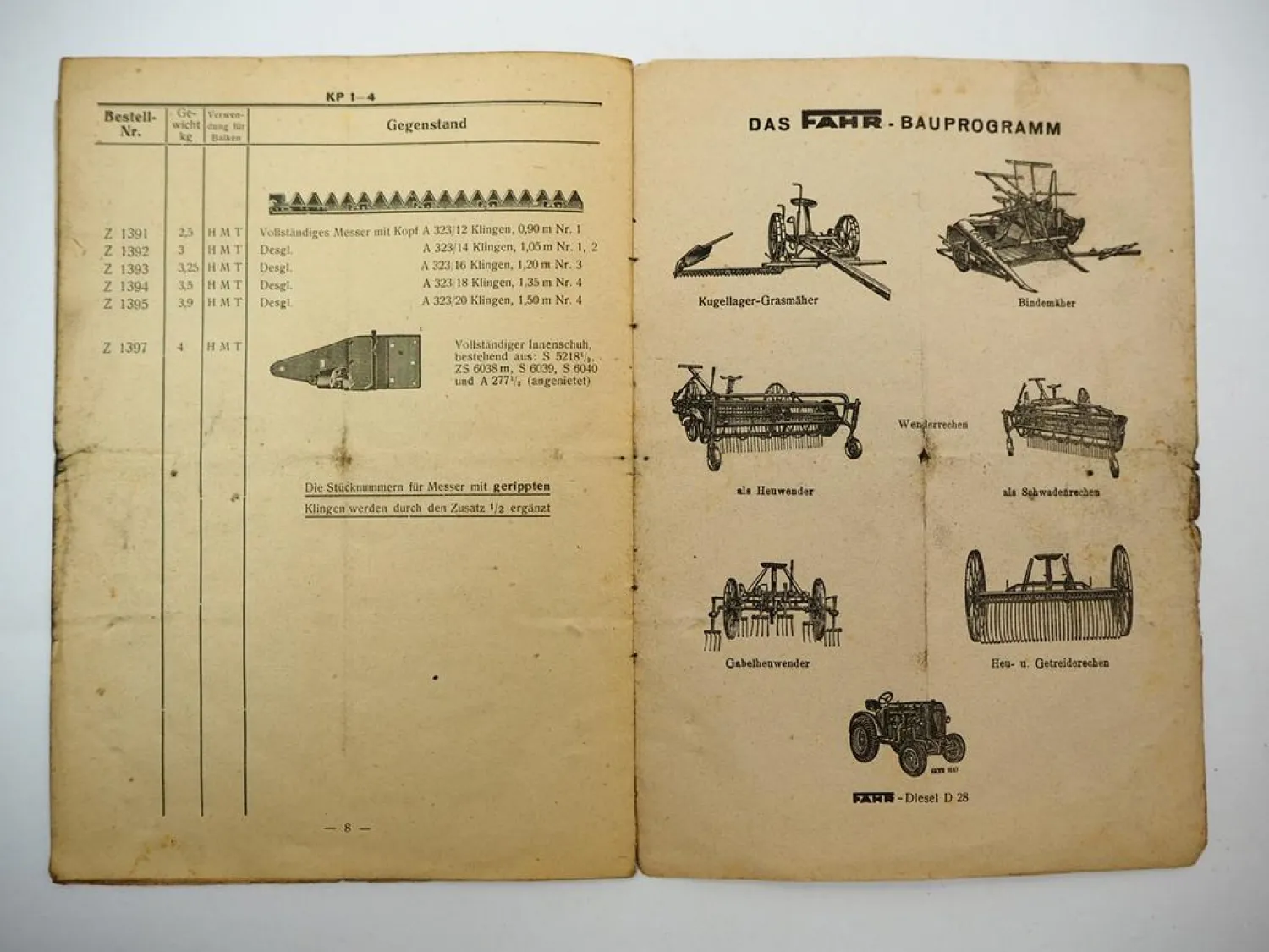 Fahr KP1-4 Fingerbalken für Mähwerk Betriebsanleitung Ersatzteilliste 1949