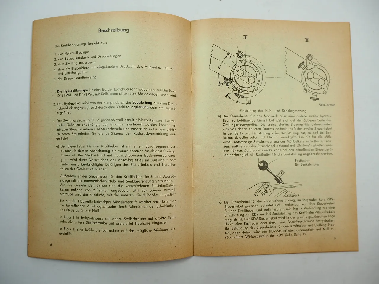 Fahr Kraftheber für D131 D132 W L Schlepper Betriebsanleitung 1961