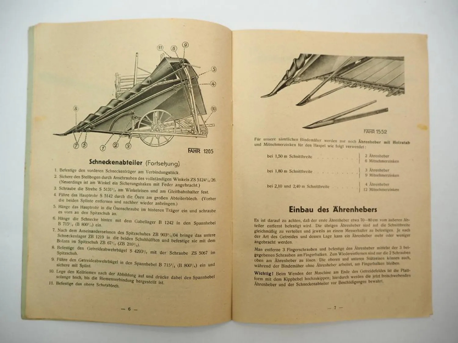 Fahr Schnecken Abteiler für Bindemäher Betriebsanleitung Ersatzteilliste 1949