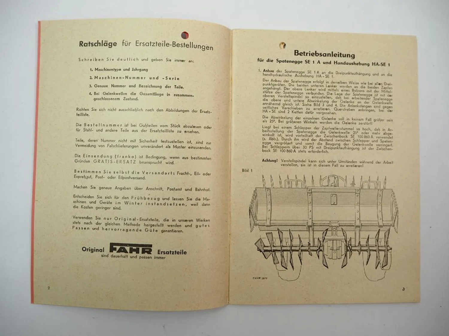 Fahr SE1A Spatenegge HA-SE1 Handaushebung Betriebsanleitung Ersatzteilliste 1957