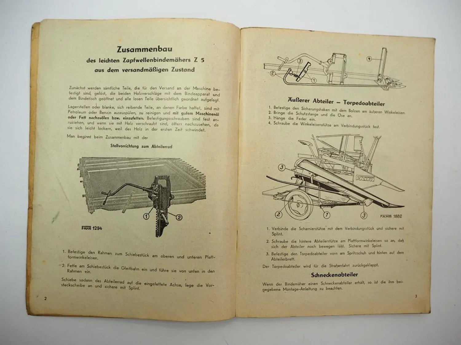Fahr Z5 Leichter Zapfwellenbindemäher Betriebsanleitung Ersatzteilliste 1955