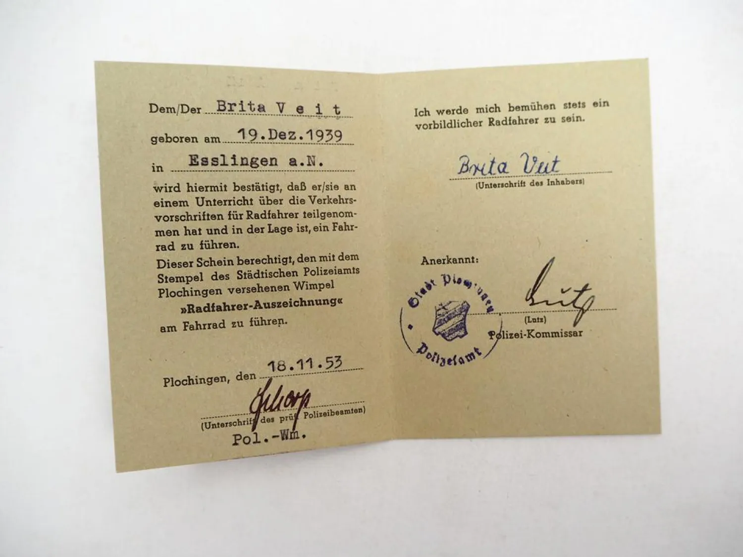 Fahrrad Berechtigungsschein 1953 Plochingen Baden-Württemberg