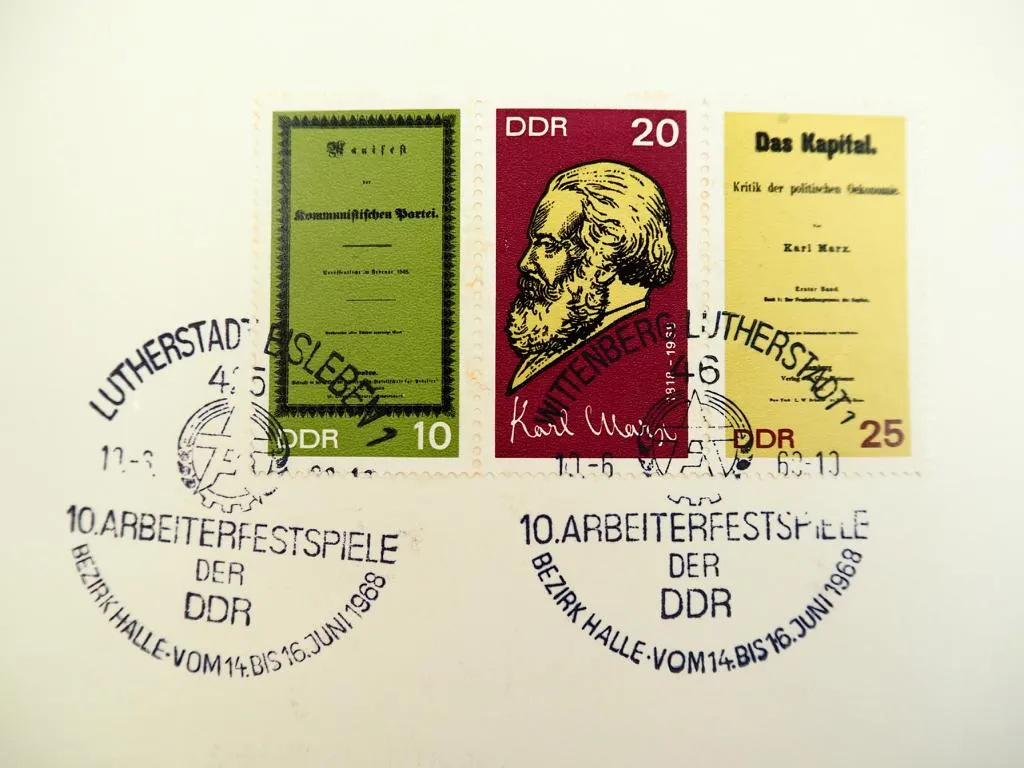Faltblatt mit Briefmarken Sonderstempel 10. Arbeiterfestspiele Halle DDR 1968