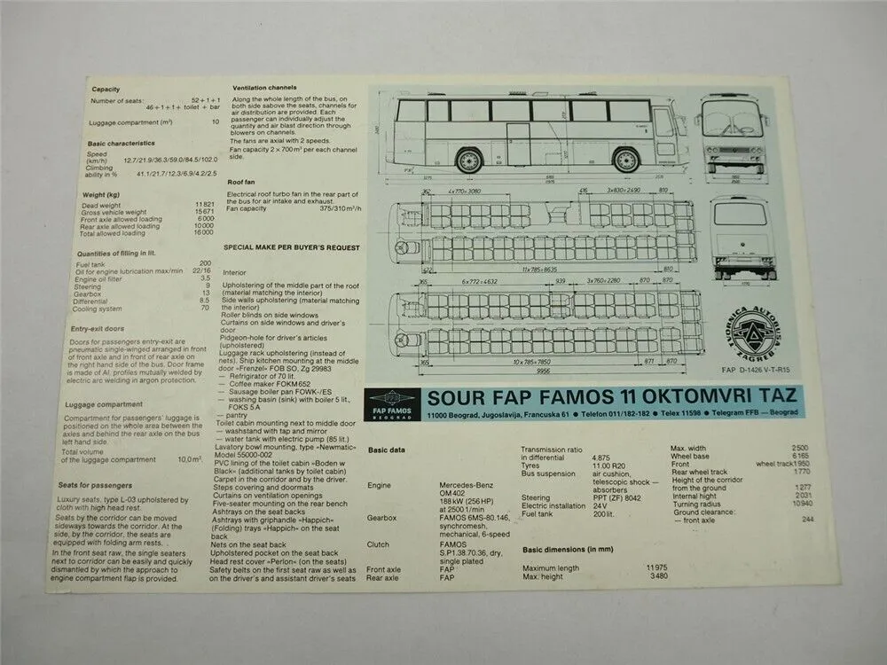 FAP Famos Dubrava 1426 Omnibus Hertz Prospekt Brochure 1986 Beograd Jugoslawien