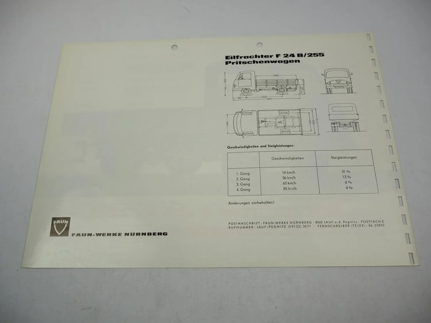 Faun F 24 B/255 Eilfrachter Pritschenwagen Prospekt Technische Daten 1950er J.