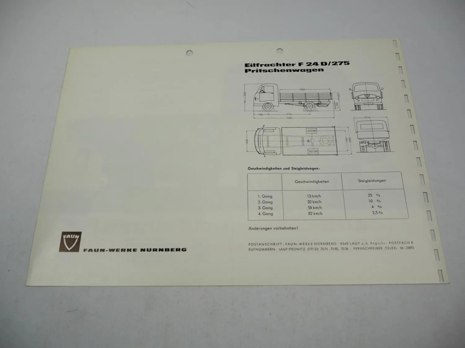 Faun F 24 D/275 Eilfrachter Pritschenwagen Prospekt Technische Daten 1950er J.