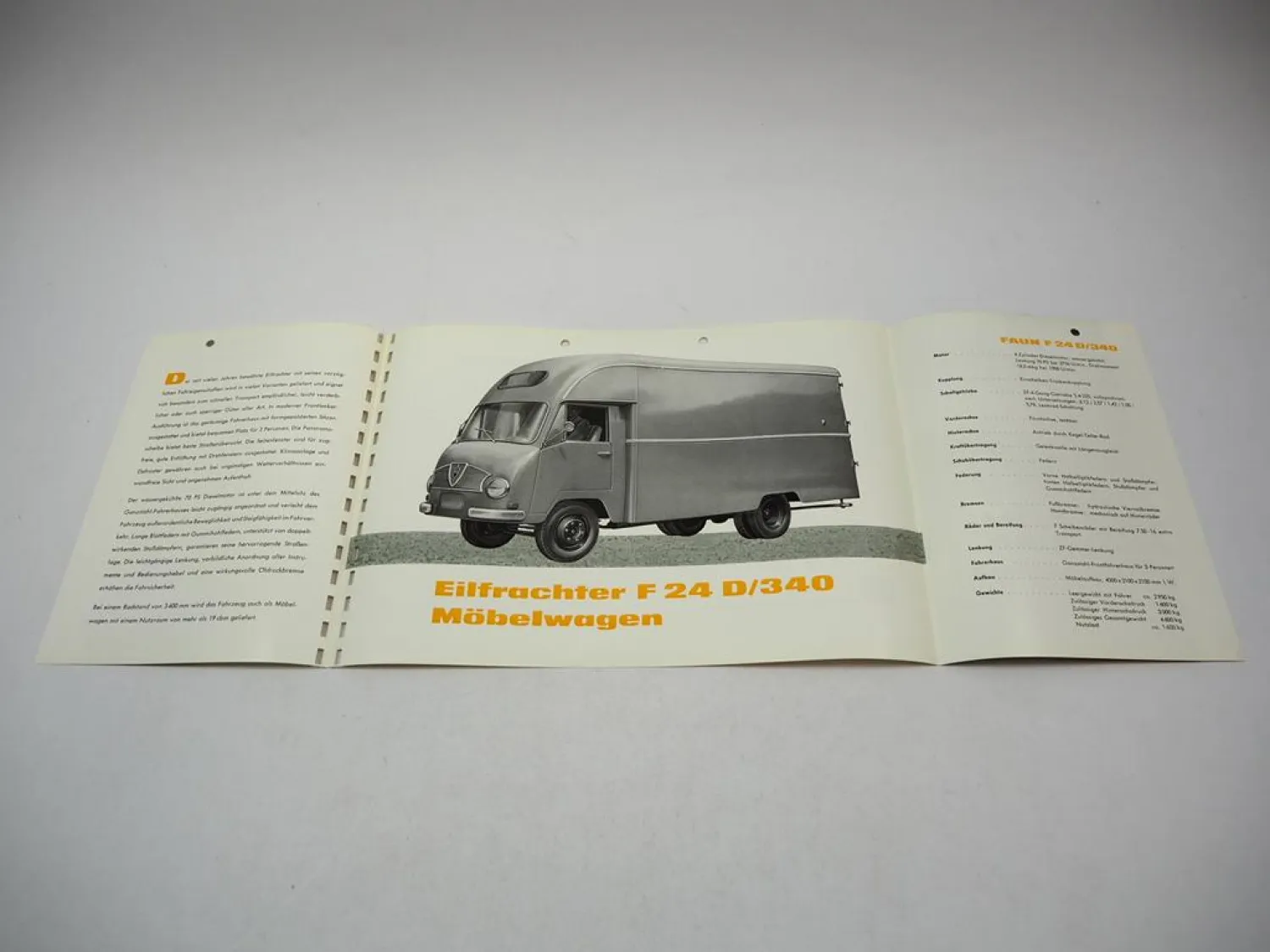 Faun F 24 D/340 Eilfrachter Möbelwagen Prospekt Technische Daten 1950er Jahre