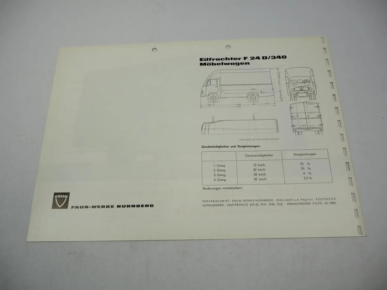 Faun F 24 D/340 Eilfrachter Möbelwagen Prospekt Technische Daten 1950er Jahre