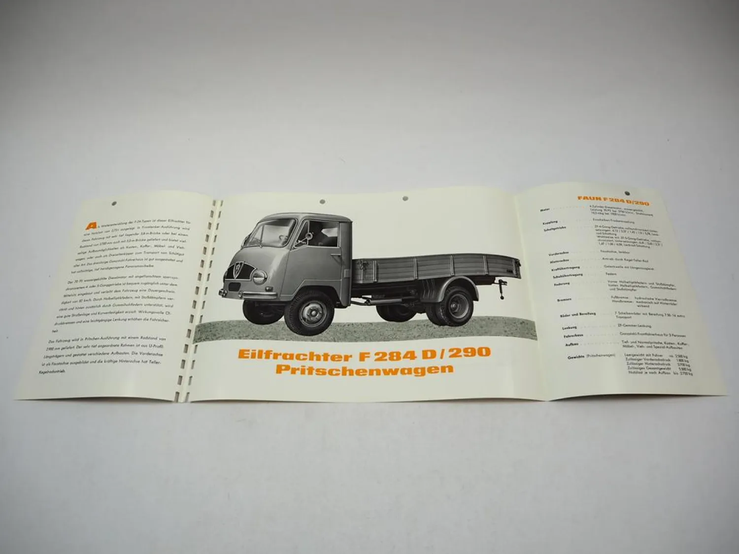 Faun F 284 D/290 Eilfrachter Pritschenwagen Prospekt Technische Daten 1950er J.