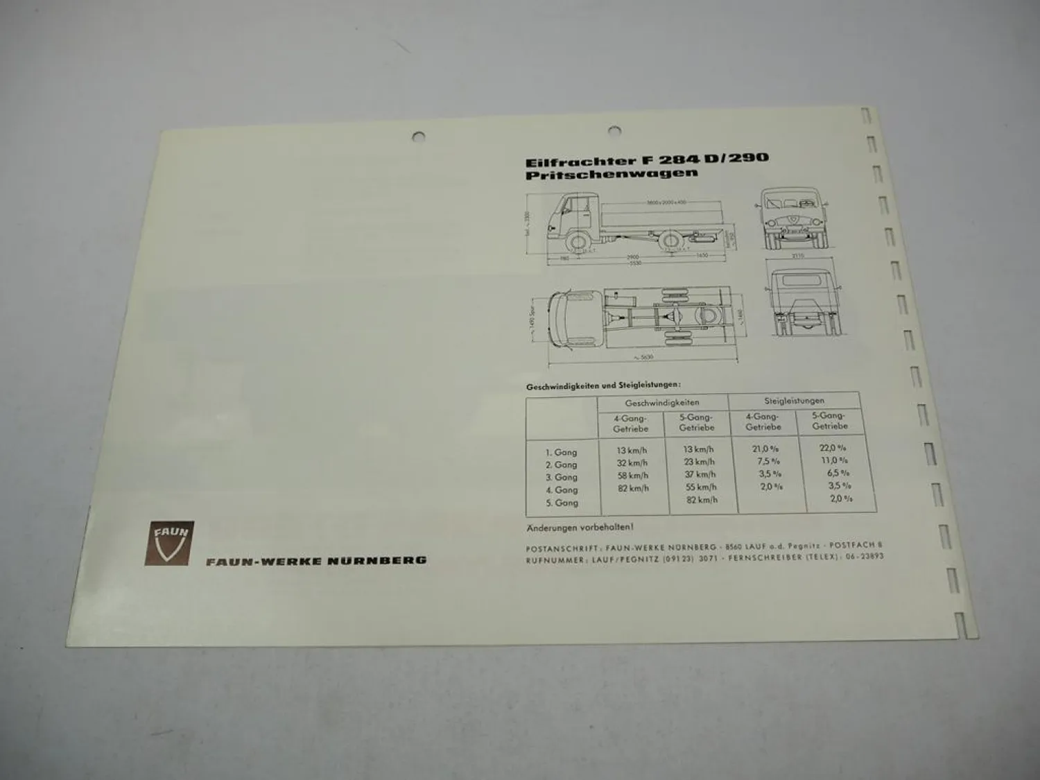 Faun F 284 D/290 Eilfrachter Pritschenwagen Prospekt Technische Daten 1950er J.