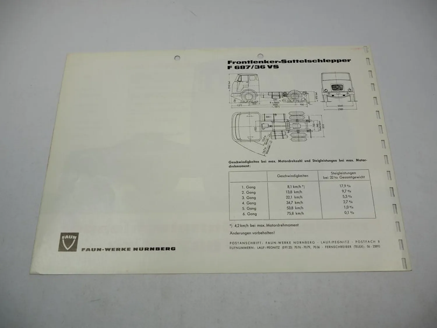 Faun F 687/36 VS Frontlenker-Sattelschlepper Prospekt Technische Daten 1950er J.