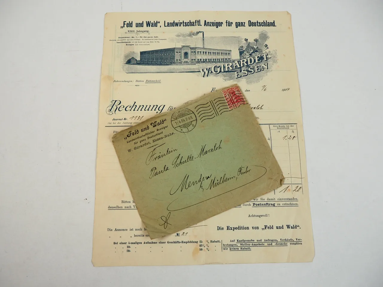 Feld und Wald Landwirtschaftlicher Anzeiger W. Girardet Essen 1904 Rechnung