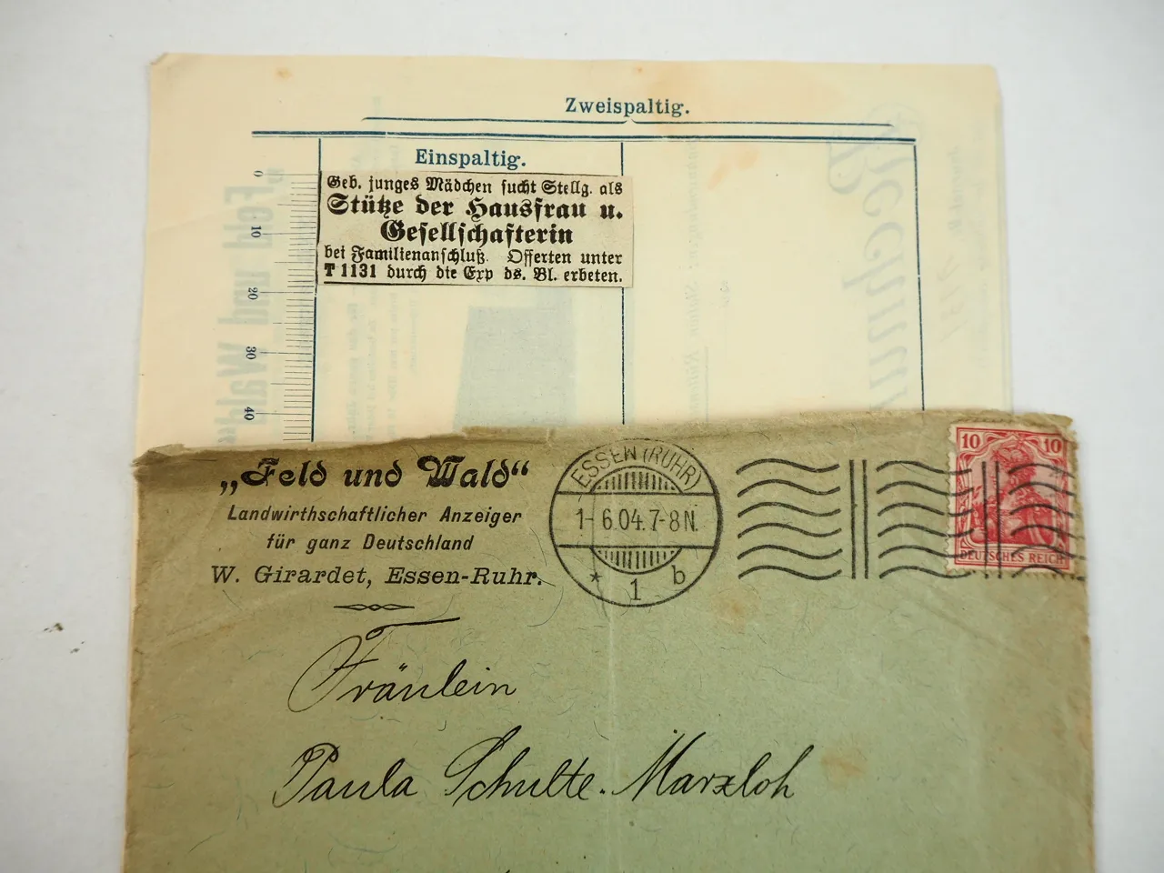 Feld und Wald Landwirtschaftlicher Anzeiger W. Girardet Essen 1904 Rechnung