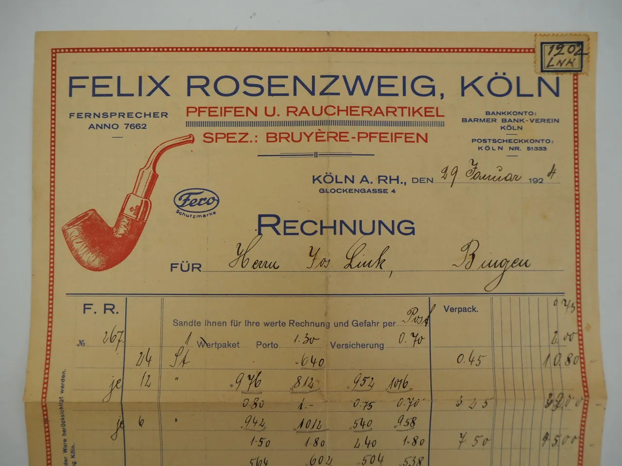 Felix Rosenzweig Köln Pfeifen und Raucherartikel Rechnung 1924