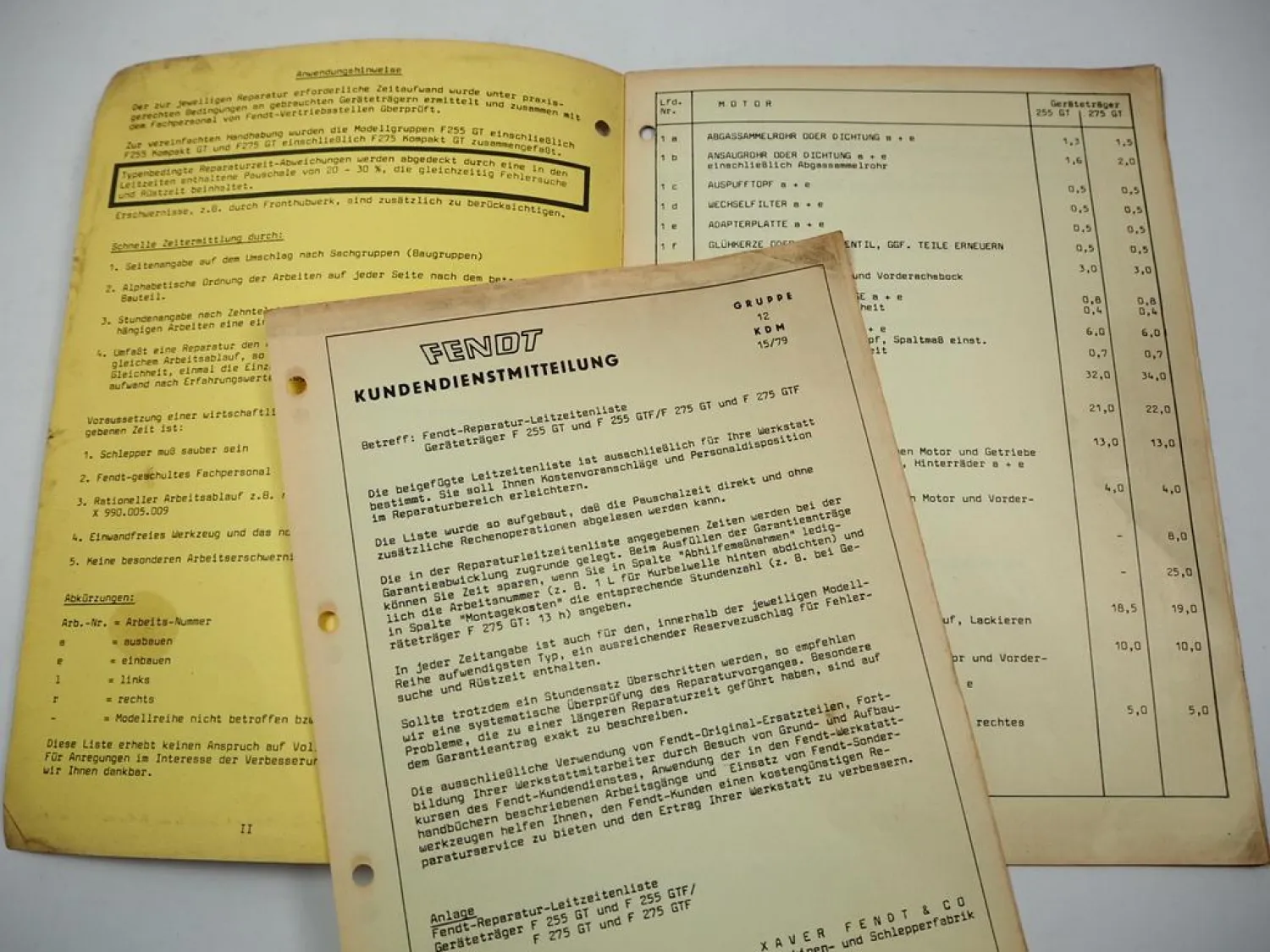 Fendt F 255 275 GT GTF Geräteträger Reparatur Leitzeiten 1979