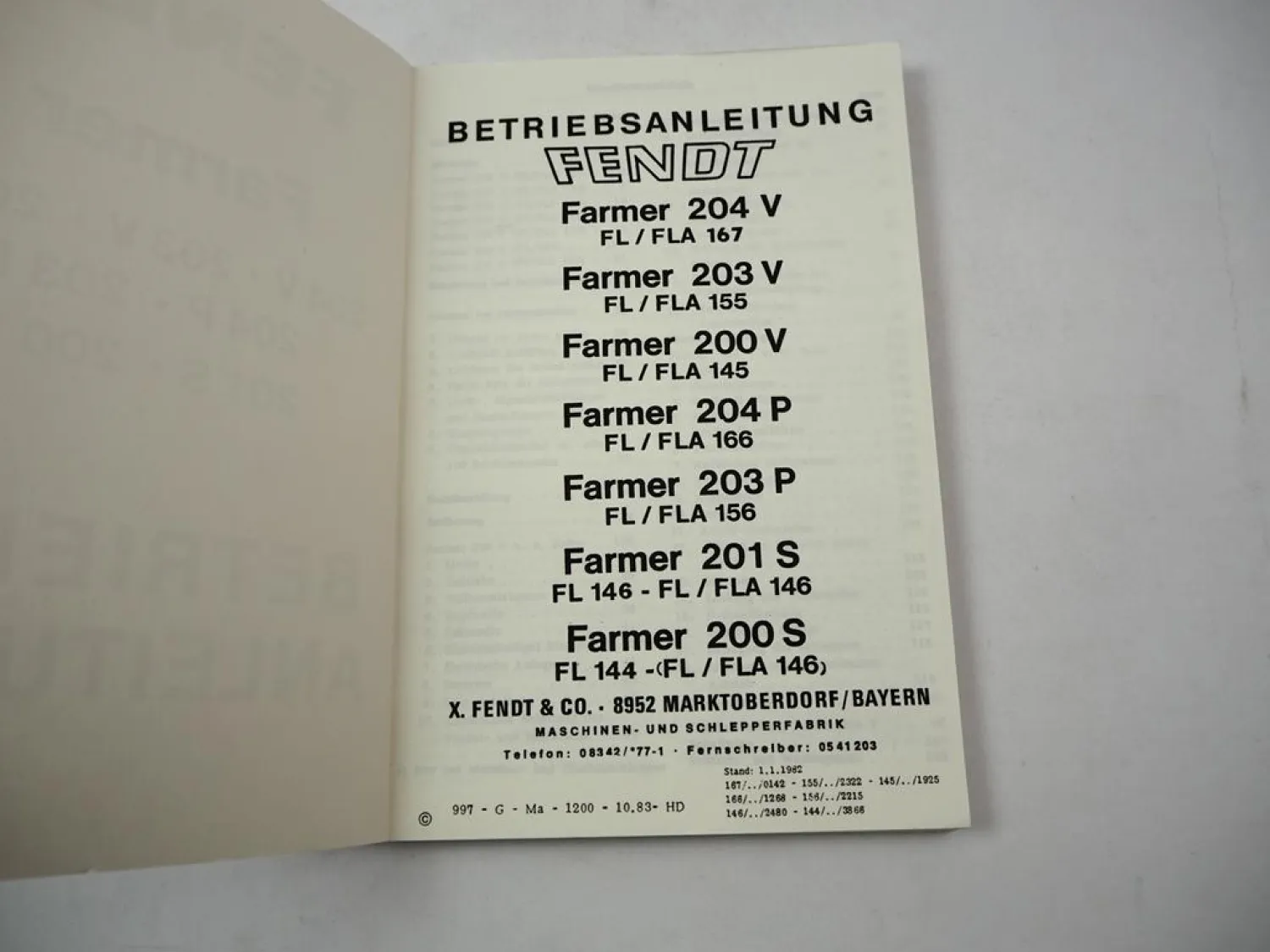 Fendt Farmer 200 201 203 204 S P V Schlepper Betriebsanleitung Wartung 1983