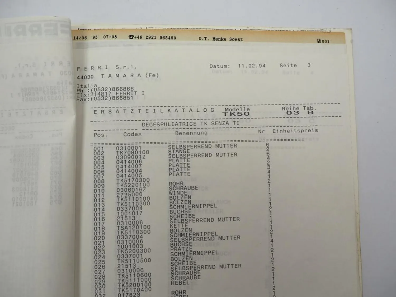 Ferri TK50 Serie 3 Böschungsmäher Betriebsanleitung Ersatzteilliste 1994/95