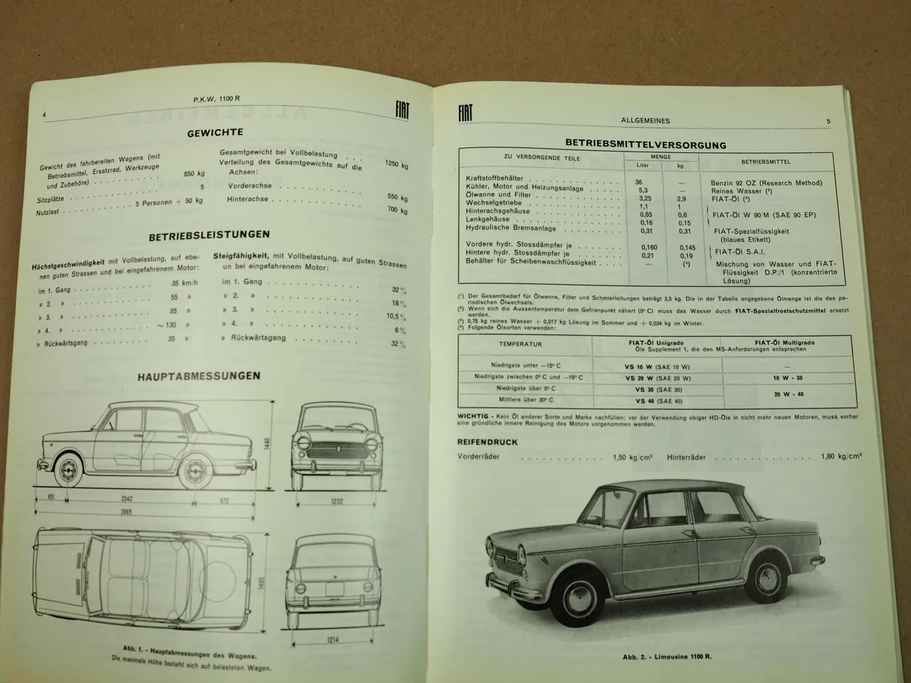 Fiat 1100R Hauptmerkmale Überholungsanleitung 1966 Werkstatthandbuch