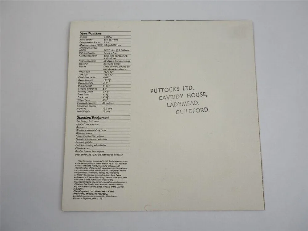 Fiat 128 Special 1300 Car PKW Prospekt Brochure 1976