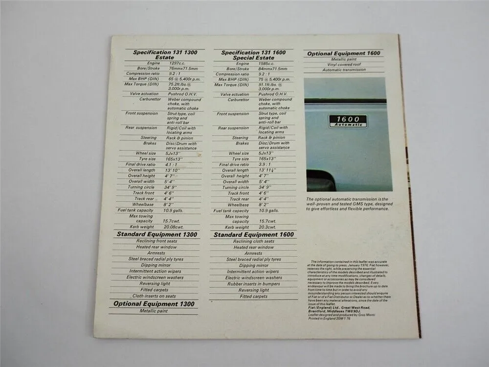 Fiat 131 mirafiori 1300 1600 Estate Car PKW Prospekt Brochure 1976