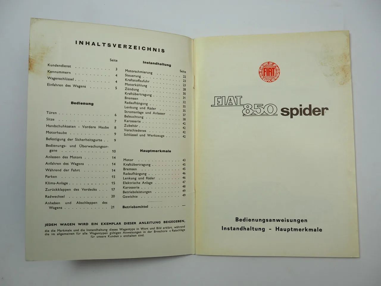 Fiat 850 Spider PKW Betriebsanleitung Bedienungsanleitung 1966