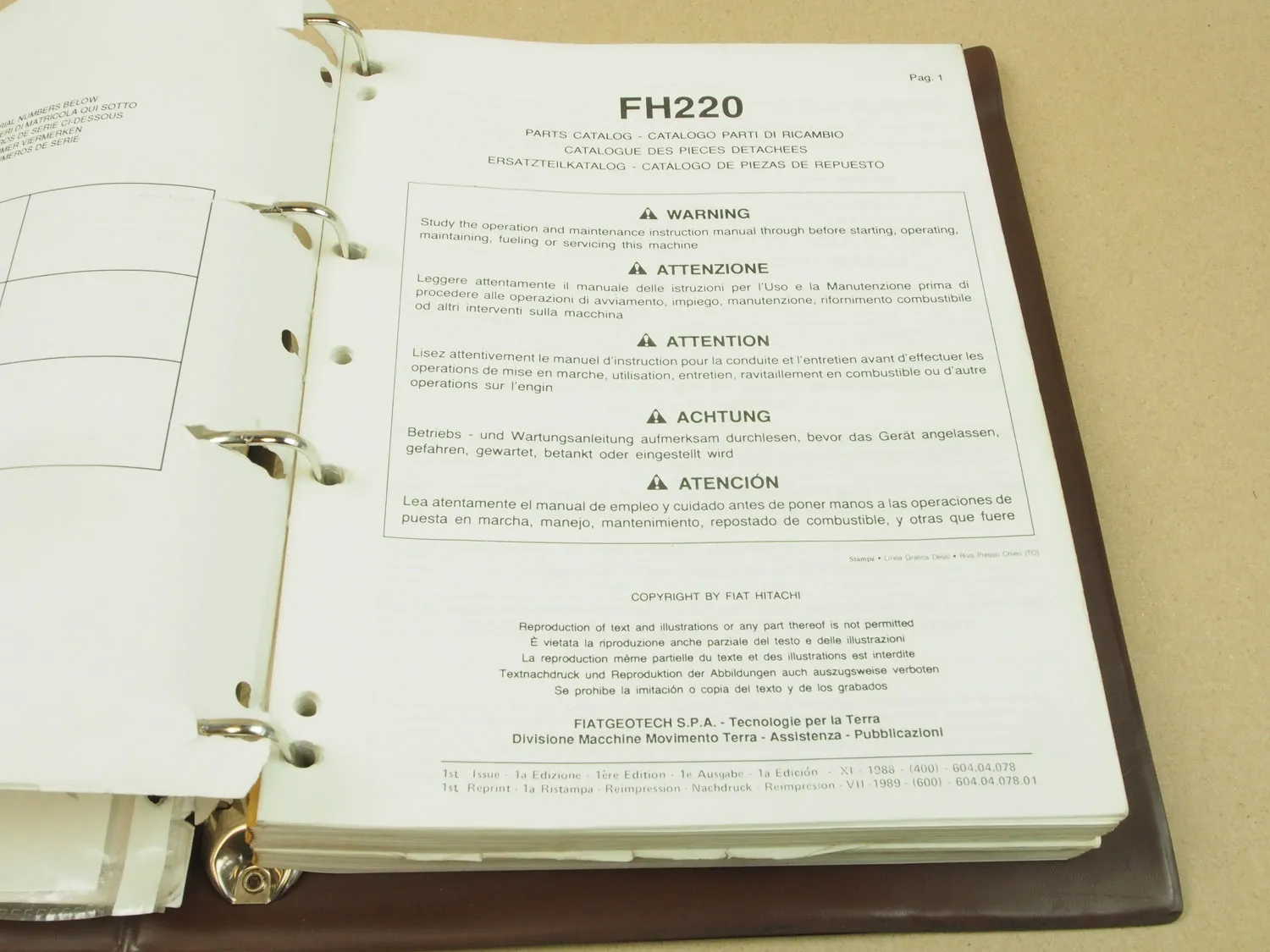 Fiat Hitachi FH220 Excavator Spare Parts List Catalogo Parti ricambi 7/1989