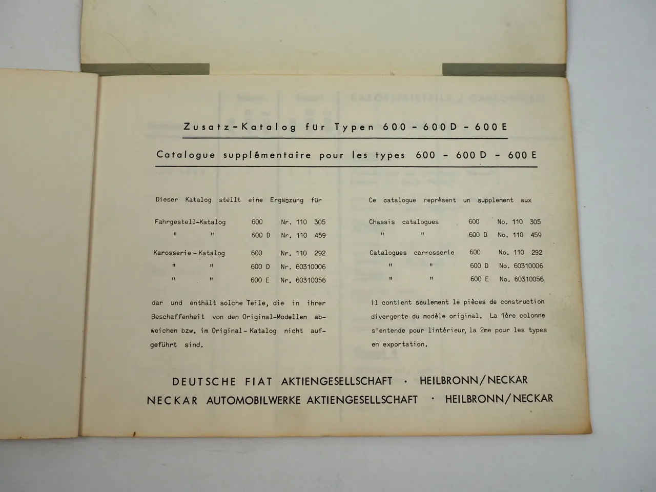 Fiat Neckar Jagst 600 600D 600E Zusatzkatalog Ersatzteilkatalog 1964