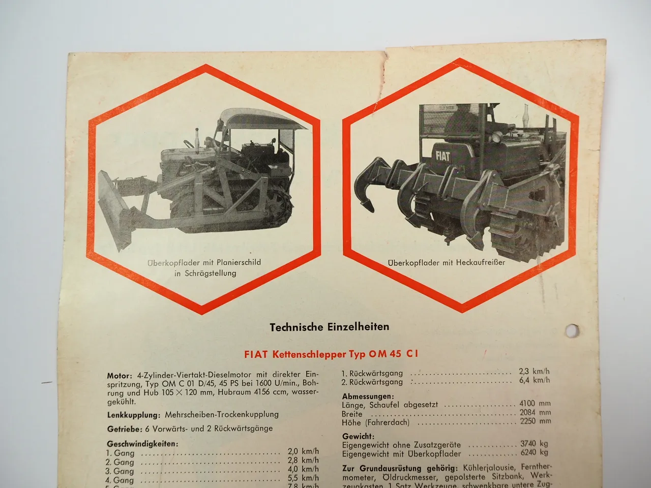 Fiat OM 45 CI Kettenschlepper Traktor mit Meiller Planiergerät Prospekt 1950er