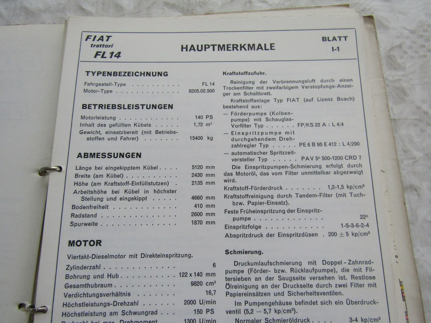 Fiat trattori FL14 Laderaupe Hauptmerkmale und Daten Technisches Handbuch 2/70