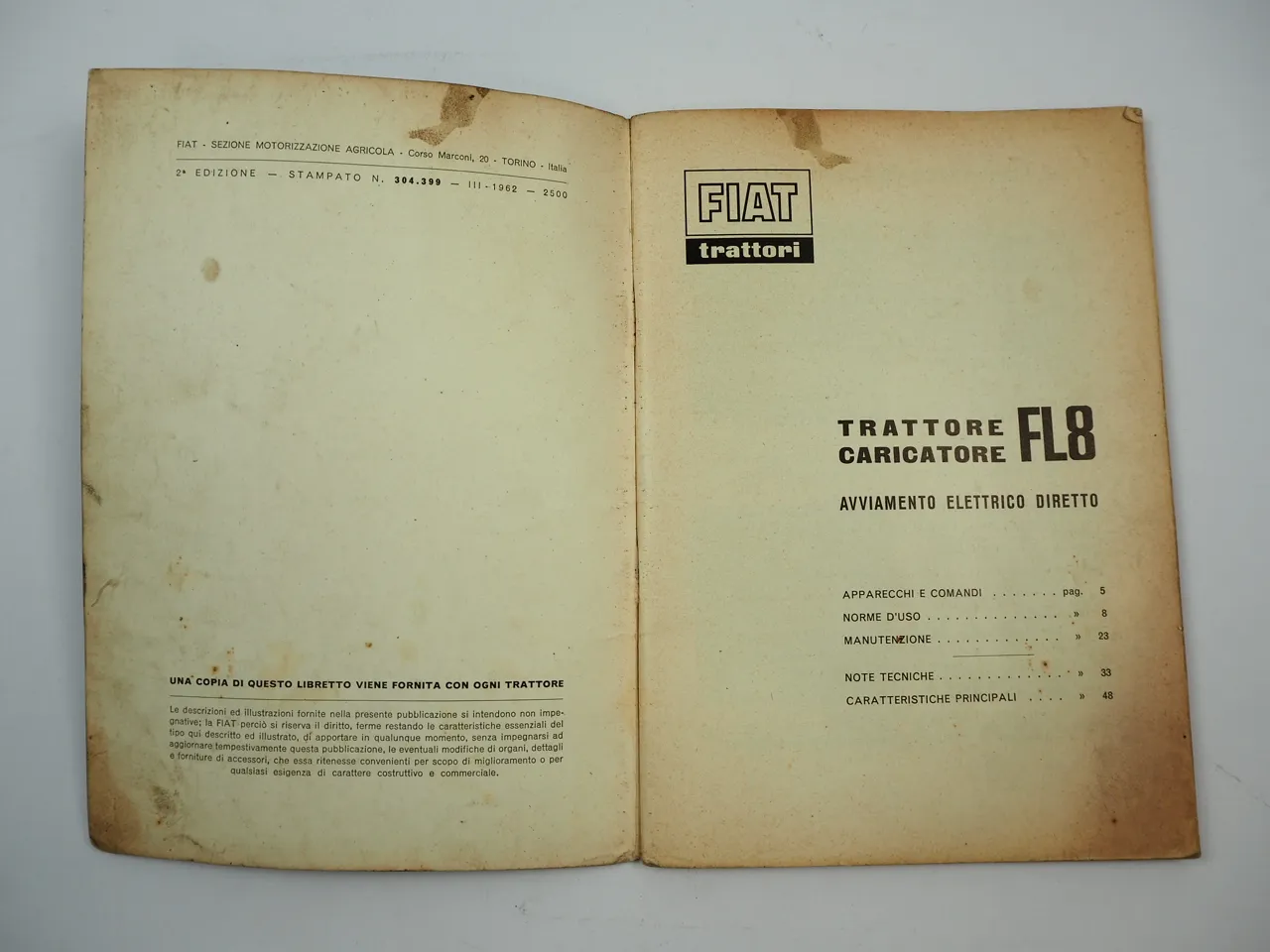 Fiat trattori FL8 Ladeschlepper Betriebsanleitung Uso e manutenzione 1962