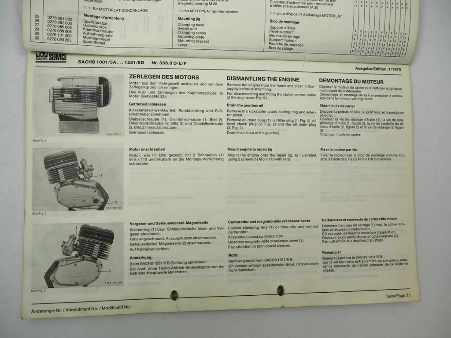 Fichtel Sachs 1001 1251 5A 5B 6A 6B 6C 6D Motor Werkstatthandbuch Reparatur 1975