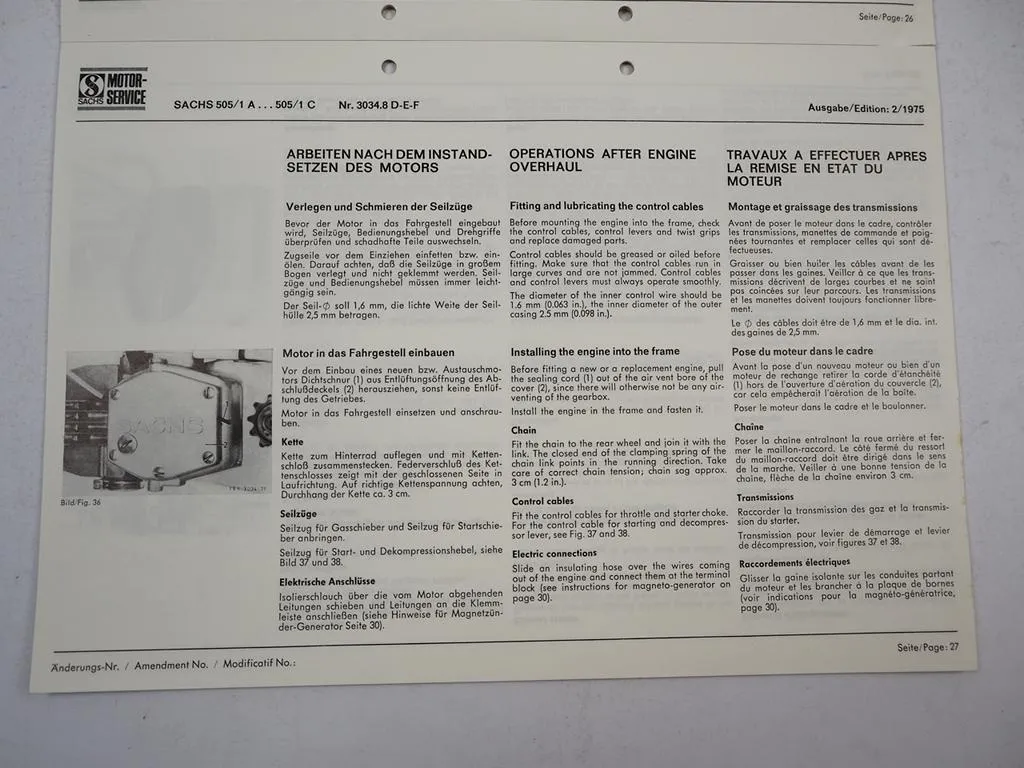 Fichtel Sachs 505 1A 1ANL 1B 1C Motor Werkstatthandbuch Reparaturanleitung 1975