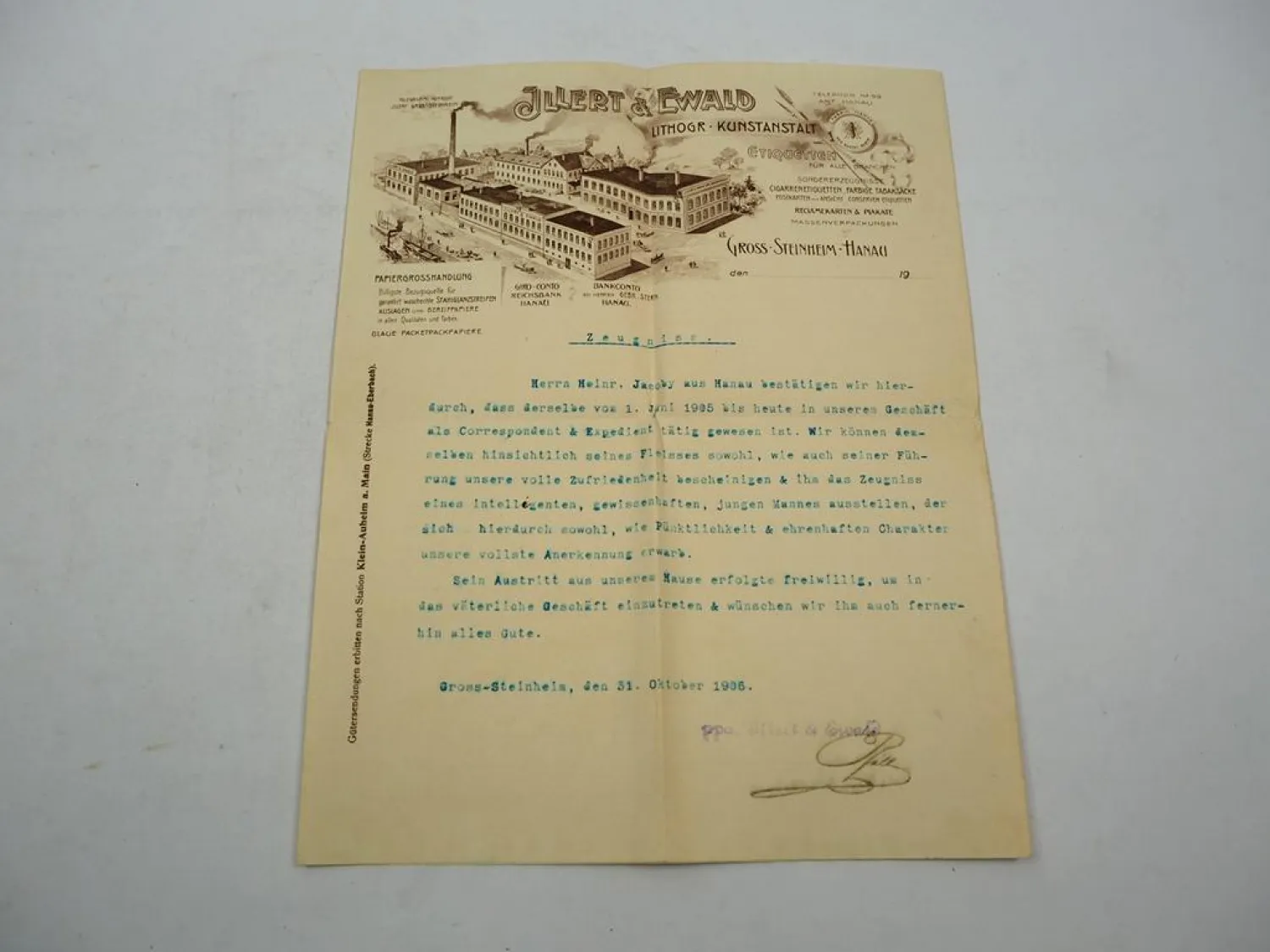 Firmenbrief Illert & Ewald Lithograph. Kunstanstalt Gross Steinheim Hanau 1906