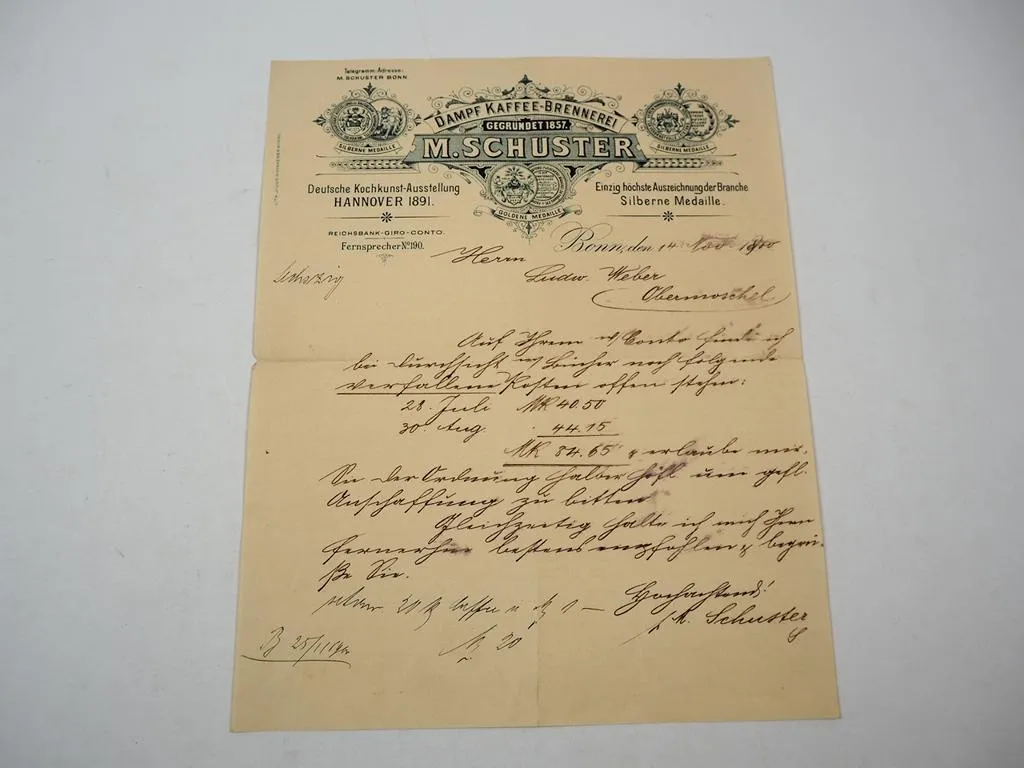 Firmenbrief M. Schuster Dampf Kaffee Brennerei Bonn 14.11.1900