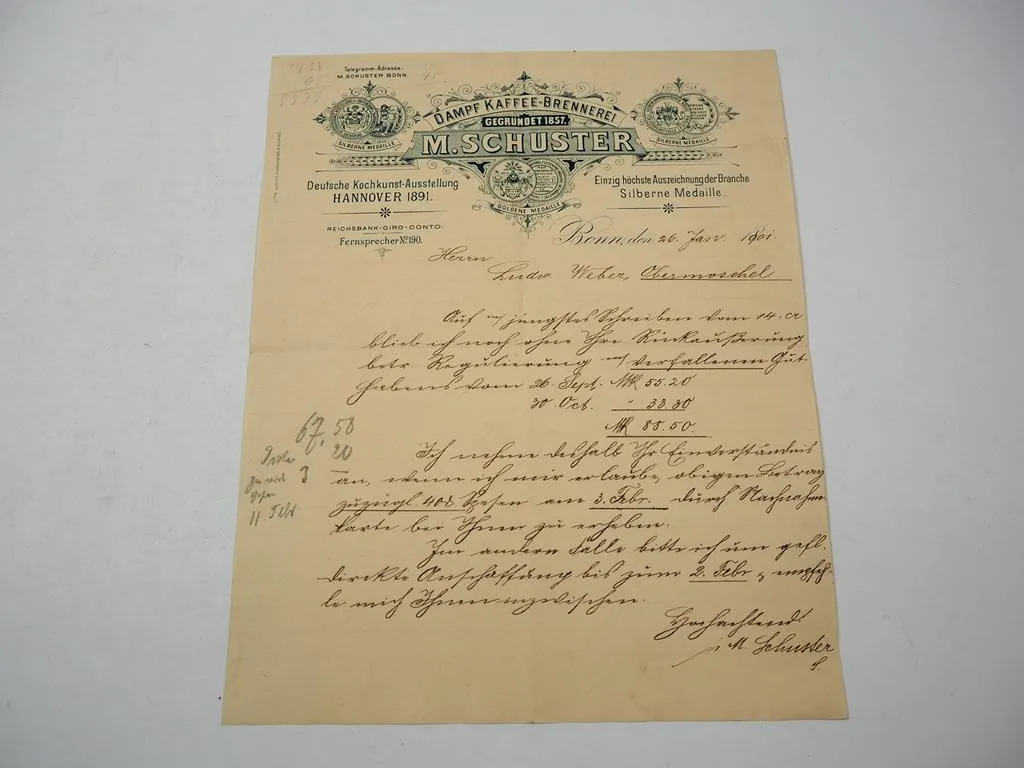 Firmenbrief M. Schuster Dampf Kaffee Brennerei Bonn 26.01.1901
