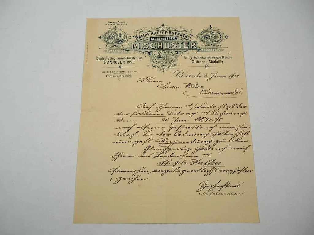 Firmenbrief M. Schuster Dampf Kaffee Brennerei Bonn 3.06.1901